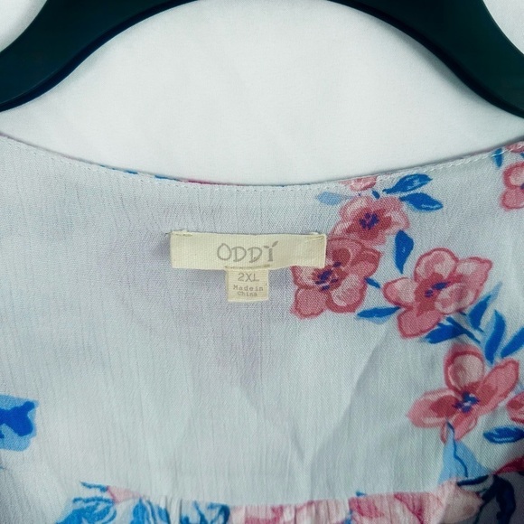 Oddy Midi Dress Baby Blue W Blue & Pink Florals Button Down Short Sleeve Size 2X - Picture 3 of 5